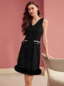 MOTF PREMIUM TWEED CONTRAST FUZZY HEM DRESS - Black - View 4