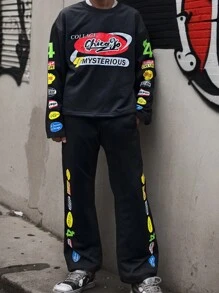 Manfinity Roghcode 2 Pieces Printed Knitted Young Street Suit, Graphic Men T Shirt, Long Sleeve, Motorcycle Graphic Printed On Sleeves And Legs, Street Wear - Black - View 4