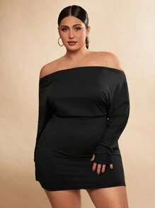 SHEIN BAE Plus Size Women Black Batwing Sleeve Long Sleeve Mini Dress, Short Dress, Plus Dress, Holiday Outfit For Women, Formal, Going Out, Night Out, Valentine's Day, Batwing Sleeves, Loose Fit, Hip, Comfortable, Tight Fit, Sexy Party Dress, Elegant Women Dresses, Fall, Winter, Girls, Off Shoulder Sweater Dress, Western Wear For Women, Holiday Party Women Outfit, Summer Women Outfit, Thermal Women - Black - View 8