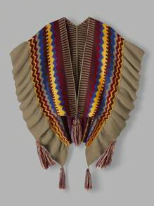 Flirla Cárdigan de talla grande con volantes en estilo bohemio - Camel - Ver 1