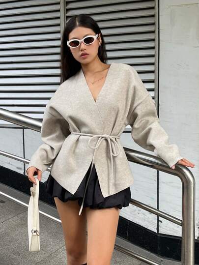 INAWLY 女士纯色落肩长袖宽松休闲常规夹克，秋冬