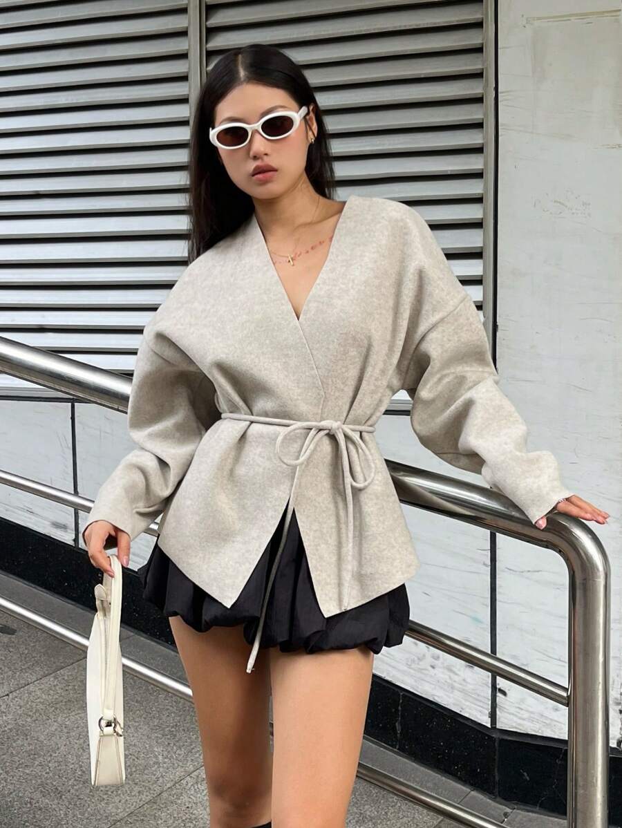 INAWLY 女士纯色落肩长袖宽松休闲常规夹克,秋冬 - 杏色 - 查看 1