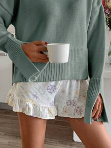 EURMUSE Women Solid Color Mock Neck Rib Knit Hem Sweater - Mint Green - View 2