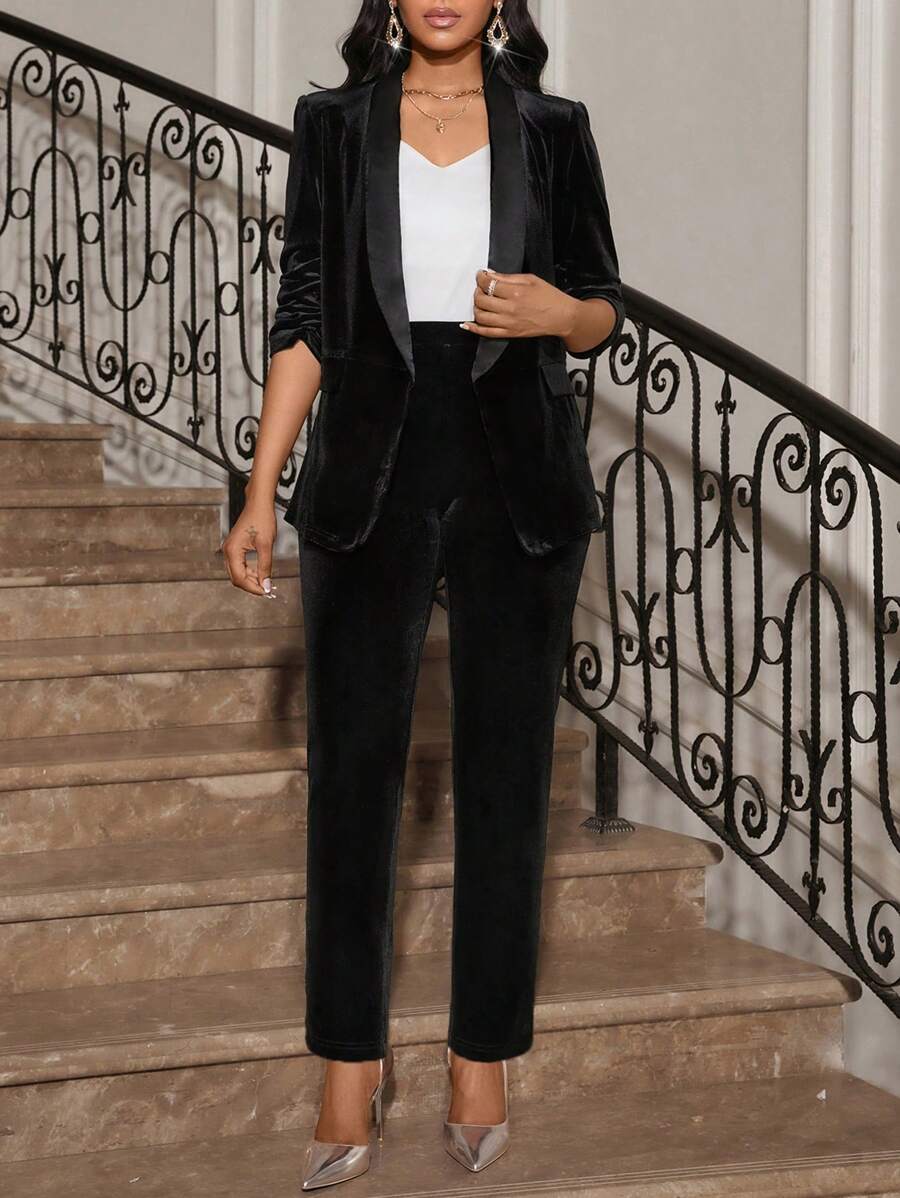 SHEIN Lady Black Velvet Suit Satin Stitching Elegant Party Suit Suit ...
