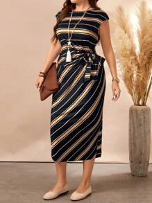 SHEIN LUNE Plus Size Women Striped Print Bowknot Collar Dress Women Outfit, For Summer - Multicolor - View 5