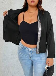 SHEIN Clasi Plus Size Women Sequins Decor Blazer, Fashion Autumn - Black - View 4