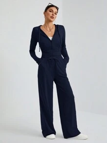 SHEIN Tall Conjunto informal de dos piezas con top gris con capucha y cremallera al frente ajustado + pantalón de pierna ancha