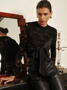 MOTF STUDIO LACE BOW FRONT SLIM FIT TEE - Black - View 11