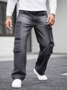 Manfinity LEGND Men's Solid Color Multi-Pocket Casual Streetwear Cargo Jeans