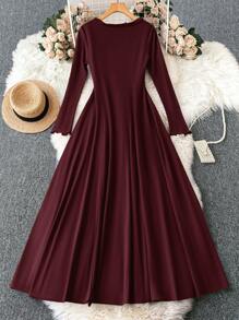 Mulvari Vestido largo holgado de manga larga con panel floral plisado estilo árabe para mujer, vestido modesto perfecto para la playa/informal/vacaciones/uso en casa/uso diario, vestido largo elegante color vino tinto