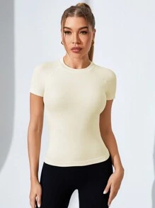 Easithlete Seamless Solid Color Crew Neck Sports T-Shirt & Tank Top, Casual And Fashionable For Daily Wear - Beige - View 3