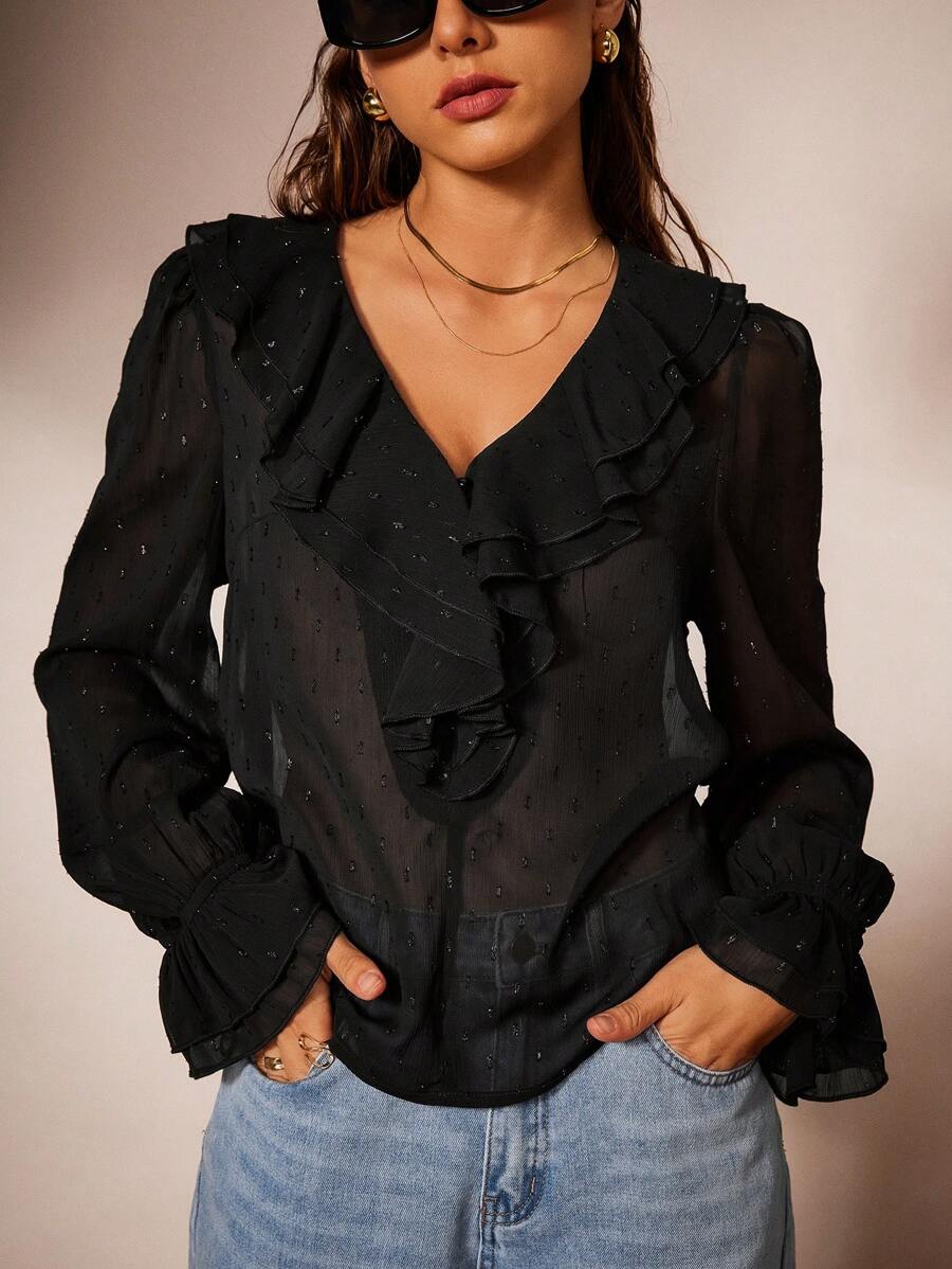 Forever 21 Damen Schlichte V-Ausschnitt Transparente Mesh Bluse