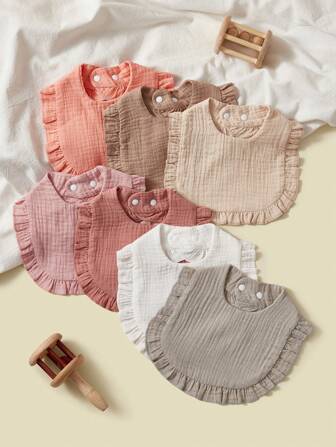 7 件套带蕾丝边的婴儿围兜，纯棉柔软面料，纯色，粉色