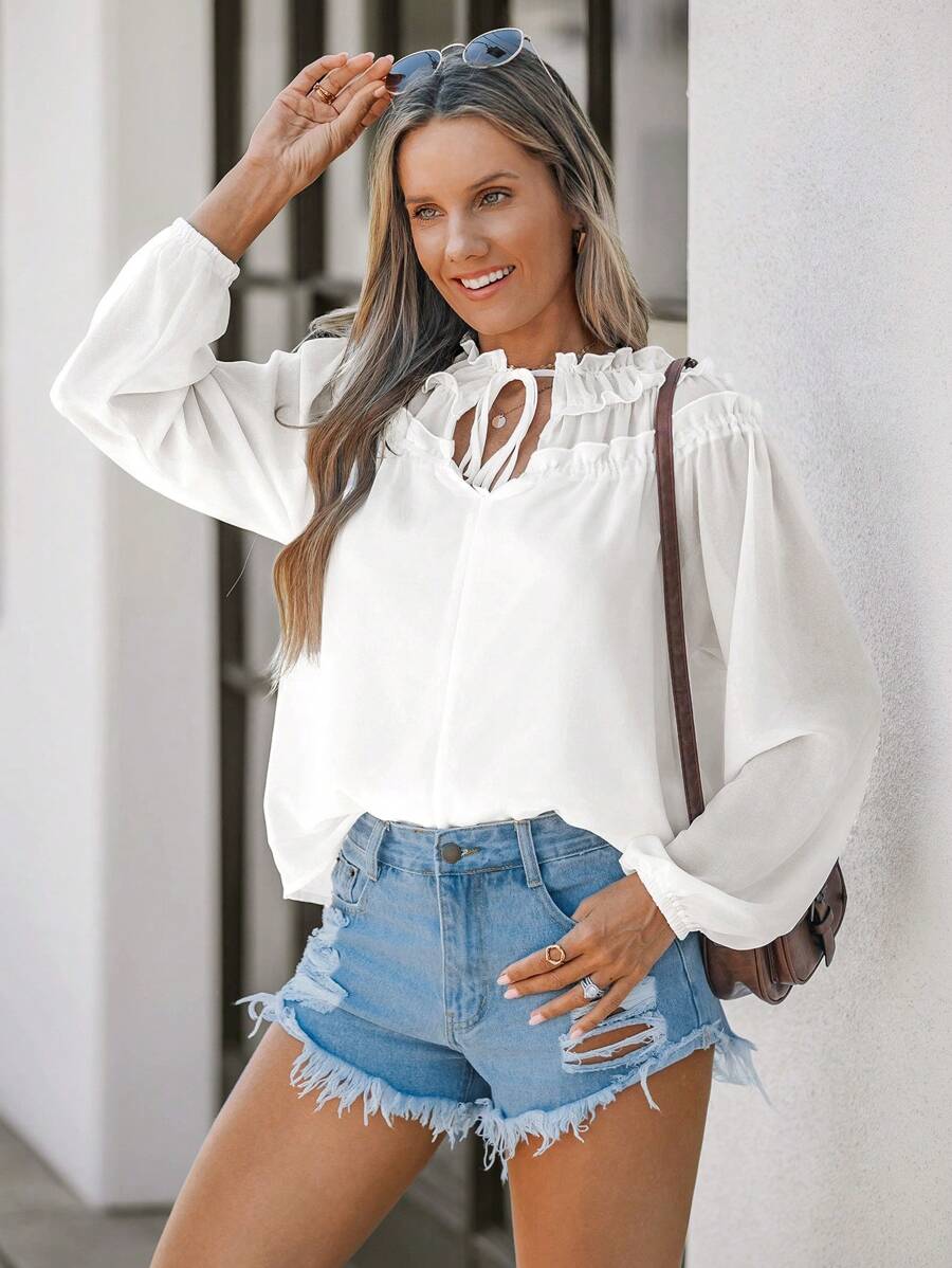 SHEIN LUNE 女士纯色系带前长袖收褶衬衫，休闲日常穿着 - 白色 - 查看 1