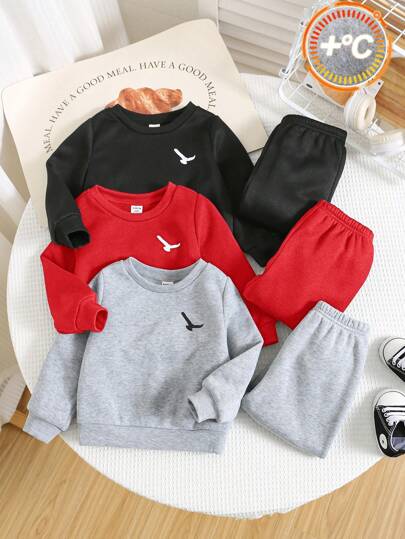 SHEIN 6pcs Set Baby Boy Red, Dark Gray, Black Casual Loose Fit Long Sleeve Sweatshirt And Pants Outfit, Suitable For Home And Outdoor, Autumn/Winter