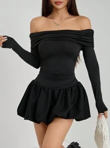 SHEIN PETITE Women's Solid One-Shoulder Long Sleeve Ruffle Hem Mini Dress For Spring & Autumn