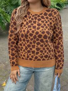 INAWLY Plus Size Leopard Pattern Round Neck Casual Long Sleeve Pullover Sweater Knit Pullover Fall Winter - Brown - View 4