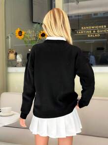 RueChic Women Flower Embroidery Round Neck Drop Shoulder Pullover - Black - View 5