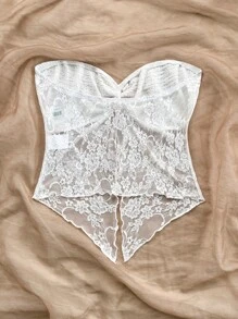 Soleia 女士度假纹理针织，弹性蕾丝面料扭纹抹胸短款上衣，前开衩，时尚适合下午茶、毕业典礼、四季、派对、情人节 - 白色 - 查看 2