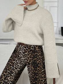 SHEIN Solid Color Stand Collar Slit Casual Versatile Long Sleeve Pullover Sweater