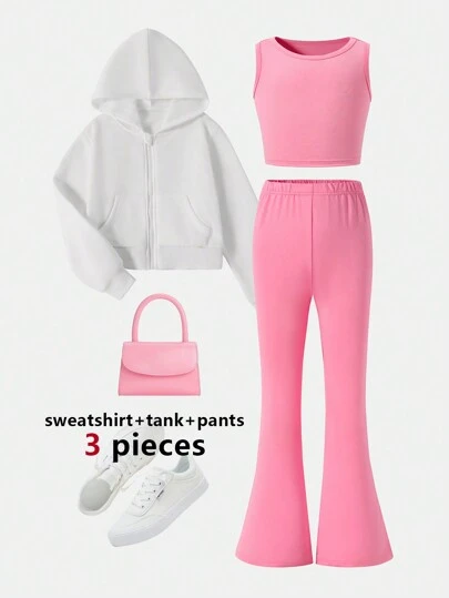 3 قطع/مجموعة لفتيات المراهقات، توب كاجوال، بنطلون مطرزويتر بغطاء للرأس، مجموعة رياضية أساسية مناسبة للربيع والصيف والخريف والشتاء