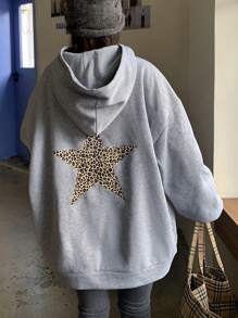 DAZY Women's Hooded Solid Color Five-Pointed Star Sweatshirt, Long Sleeve Leopard Print,Fall Women Clothes - Grey - View 2