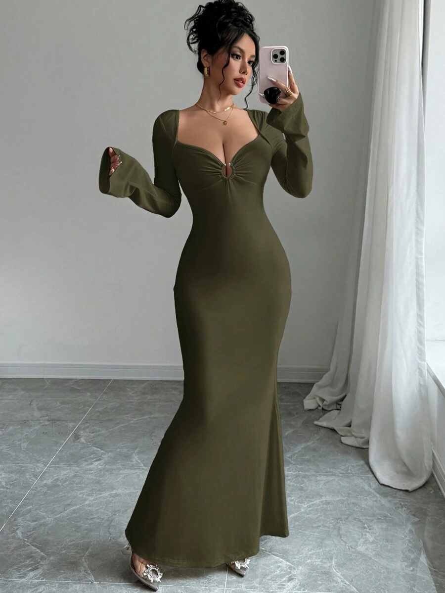 Firerie Robe casual ajustée à manches longues avec col en cœur de couleur unie pour femmes - Militaire verte - Voir 1