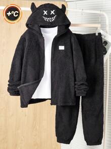 SHEIN Teen Boys 2pcs Casual Smiling Face Embroidered Pattern Hat Devil Horns Styling Clothes White English Weave Mark Double Sided Fleece Black Cardigan Jacket Pants Two Pieces Set Homecoming; Renaissance; Fall Outfits; Teen Boy Clothes; ; Airport; Cocktail Party; Autumn/Winter