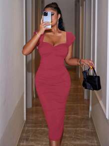 SHEIN Cottnline Ladies" Summer Solid Color Pleated Dress - Hot Pink - View 5