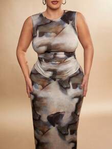 SHEIN BAE 1 Set Plus Size Women Elegant Sleeveless Printed Tank Top And Printed Long Skirt Two-Piece Set, Minimalist Design, Tight Fit, Suitable For Christmas, Fall Season Valentine's Day For Summer