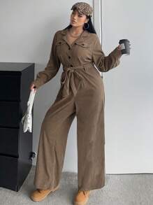 POPSWAY Plus Size Fashionable Casual Jumpsuit, Khaki, Suitable For Commuting, Back To School, Casual Everyday Wear, Cinched Waist Design