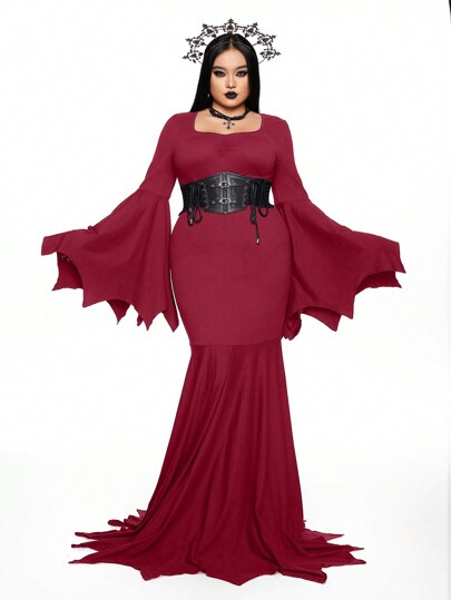 Plus Size Red Gothic Mysterious Horror Halloween Party Bat Print High Stretch Skater Dress, Suitable For New Year, Valentine's Day Holiday