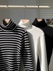 Comfortcana 3pcs Turtleneck Ribbed Solid & Stripe Knit Sweater