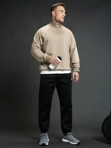 Gym Rark 男友风格男士纯色圆领休闲百搭长袖运动衫，运动服运动衫 - 卡其色 - 查看 4