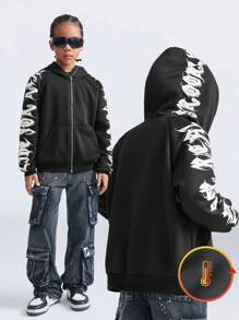 SHEIN Sudadera con capucha con cremallera para niñas preadolescentes de otoño/invierno, sudadera oversize negra con estampado de letras de Halloween Y2K