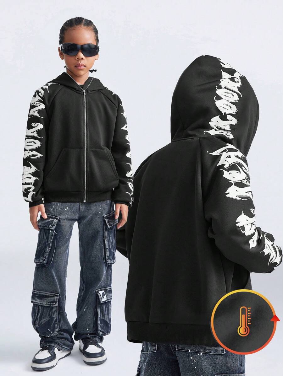 SHEIN Sudadera con capucha con cremallera para niñas preadolescentes de otoño/invierno, sudadera oversize negra con estampado de letras de Halloween Y2K