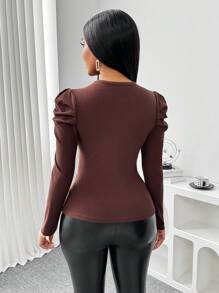 SHEIN Clasi Women's Crew Neck Raglan Sleeve Metal Button Decor Fitted Basic T-Shirt, Coffee, Regular Fit, Autumn/Winter Fall Cloth For Women - Coffee Brown - View 2