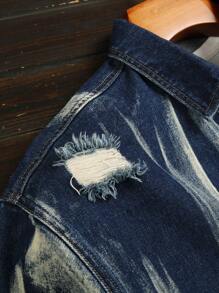 Manfinity Homme Men Allover Print Patch Pockets Button Front Ripped Casual Long Sleeve Denim Shirt, Fall - Blue - View 8