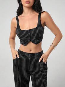 SHEIN EZwear Women's Casual Black Stripe Crop Top And Pants Set