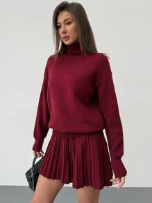 Aloruh 2pcs Women's Set: Wine Red Pleated Skirt + Turtleneck Loose Elegant Sweater For Christmas, New Year, New Year's Eve, Fall And Winter, Elegant,Burgundy