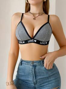 SHEIN 女士简约撞色边饰字母装饰文胸 - 灰色 - 查看 3