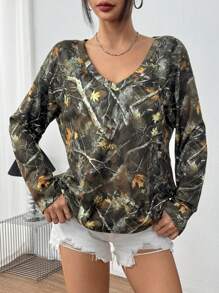 INAWLY Damen V-Ausschnitt Langarm Loose Lässig Allover Bedruckter Sweatshirt, Täglicher Pullover Herbst