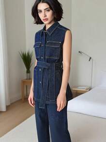 女式长款实用风格做旧深蓝色牛仔背心（配腰带）