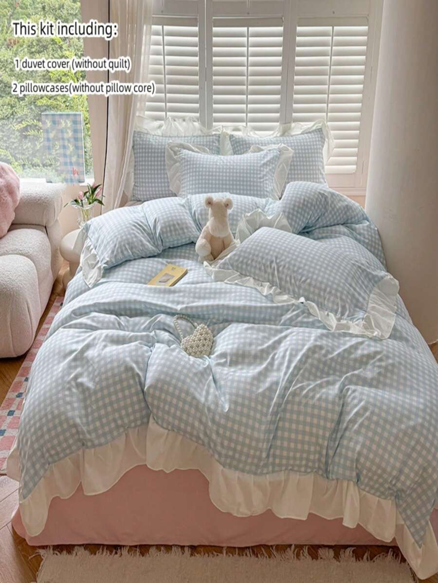 3pcs Lace Plaid Printed Bedding Set Including Duvet Cover And Pillow Shams (Without Filler), Soft And Breathable Fabric Suitable For All Seasons, Duvet Cover With Zipper For Easy Washing,Fall Decor,Autumn Decor,Room Decor - Blue - View 1