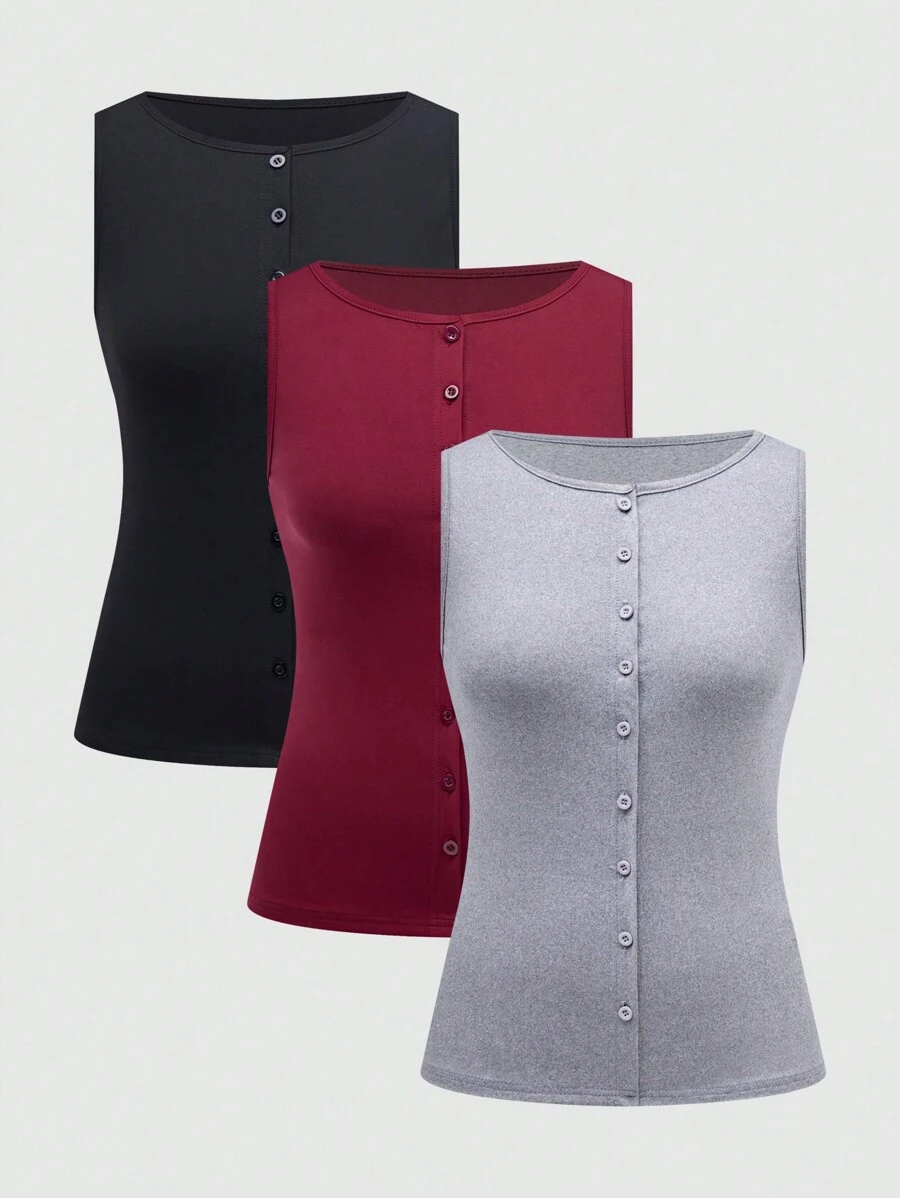 SHEIN LUNE Conjunto de top elegante de un solo pecho de cuello redondo de unicolor para mujer - Multicolor - Ver 1