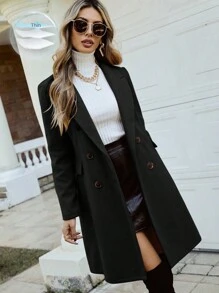 SHEIN PETITE Short Double-Breasted Overcoat With Lapel Collar And Pockets - Black - View 1