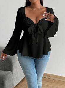 Flirla Plus Size Solid Rib-Knit Twist Front Flare Sleeve T-Shirt Fall Cloth For Women - Black - View 3