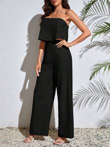 SHEIN Tall 高腰纯色褶皱层阔腿连体裤 - 黑色 - 查看 3