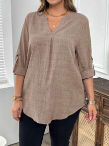 EMERY ROSE Plus Size Fall Clothes Curve Thanksgiving Women Spring Autumn Solid Notch Neck Roll-Up Sleeve Casual Blouse - Khaki - View 4