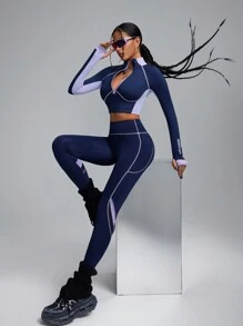 Innovista Blue Contrast Stitch&Breathable Mesh Cut Out Sports Leggings,With Pocket Leggings,Tummy Control Butt-Lifting Sexy Matching Pants,Daily Casual & Workout,Shape Wear Leggings, Stretchy High Waist Leggings, Gym Leggings,Spandex Bilker Leggings,Festival,Burgundy Leggings - Navy Blue - View 4